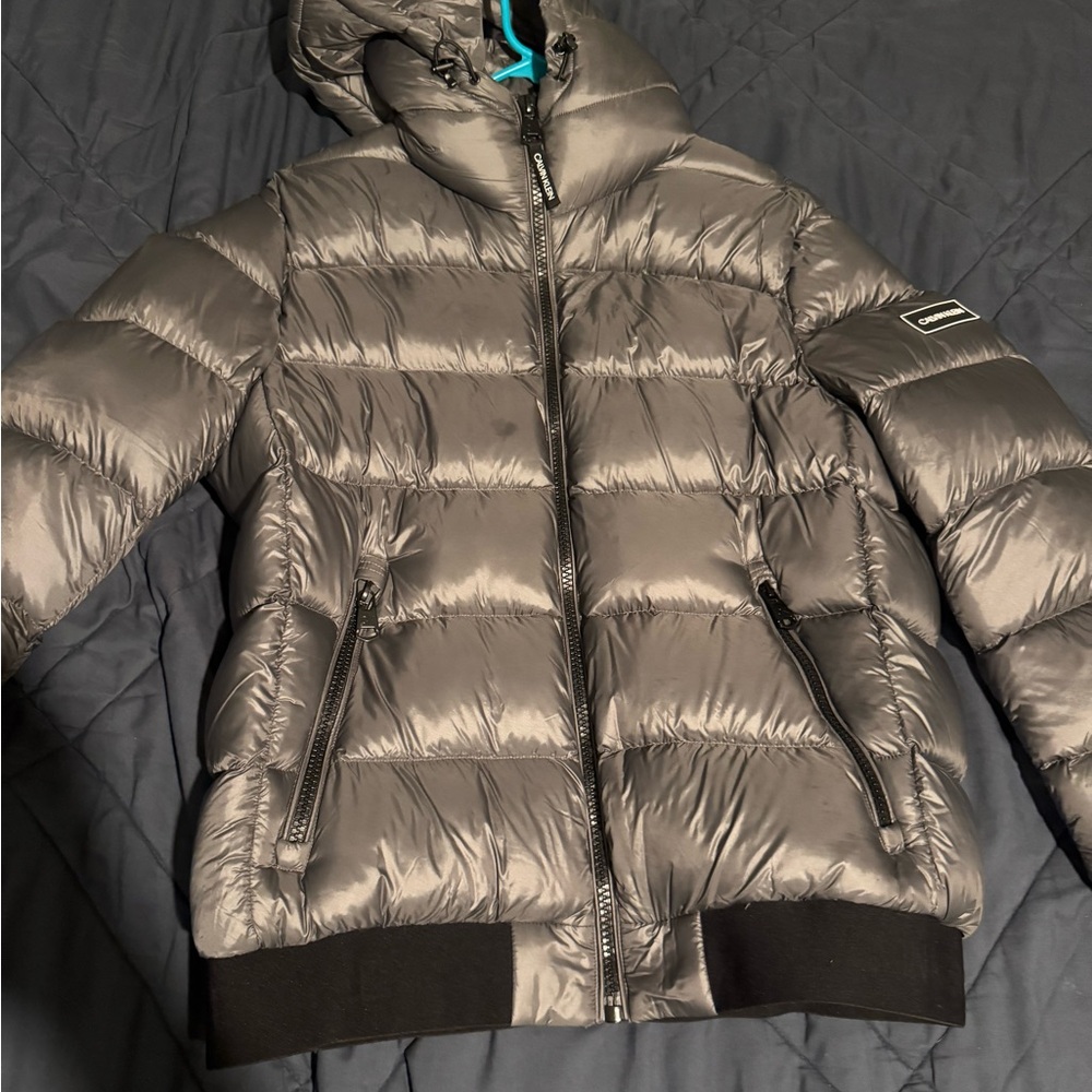 Gray Puffer Jacket with Hood Calvin Klein